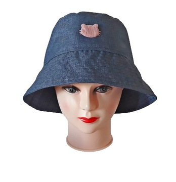 Kapelusz na lato jeansowy, kapelusz rybacki, bucket hat z różowym kotkiem