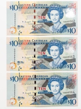 Karaiby Wschodnie 10 dolarów aUNC P.52 - 3 szt.