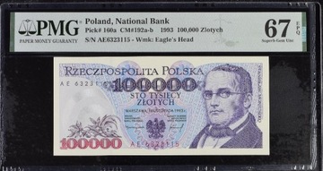 Banknot 100000 zł 1993 seria AE PMG 67 EPQ