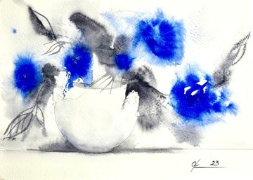 Niebieskie abstrakcyjne kwiaty Akwarela, A4,