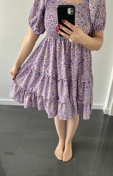 Śliczna liliowa sukienka z falbankami (L)