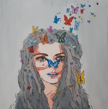 Obraz kobieta motyle szary 70 x 70 cm akryl
