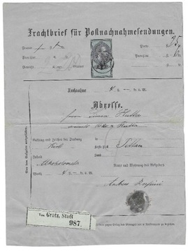 List frachtowy 5 KREUZER Austria 1875 r.