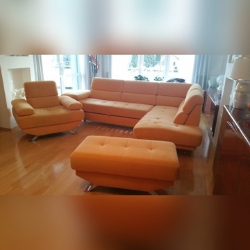 Sofa narożna z funkcją spania, 2-os + fotel i pufa