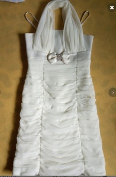 Kremowa ecru sukienka mini kokarda cyrkonie wesele