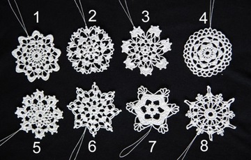gwiazdki szydełkowe śnieżynki na choinkę wzory 1-8