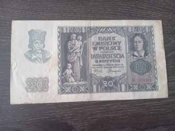 Banknot 20zł z roku 1940 serii H
