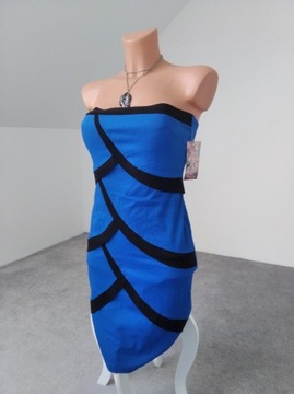 Sukienka elegancka kobaltowa dopasowana z koronką