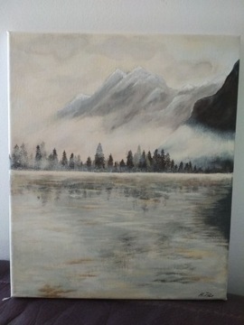 Obraz akryl na płótnie, góry, jezioro, las, mgła