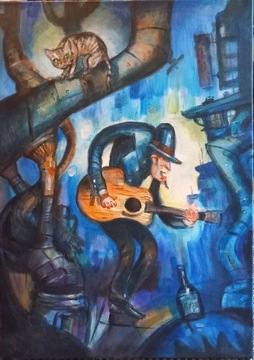 Bluesman i kot Olej Płótno 50x69cm Agafia2022