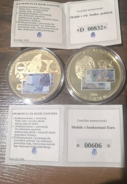 Medale z wizerunki 20 euro i 50 zł,w blasku złota 