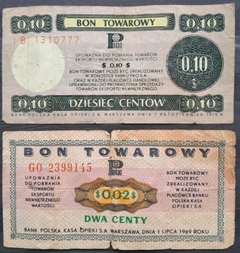 Bony towarowe Pekao 2 i 10 centów. 1969r i 1979r 