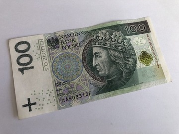 Banknot 100 zł seria AA9033127 rok 2012