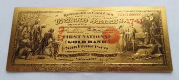 Banknot pozłacany 24k  5 dolarów USA 1870 rok