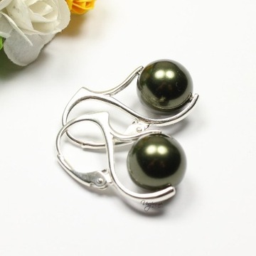 Kolczyki srebrne Pearl Dark Green Perły Swarovski