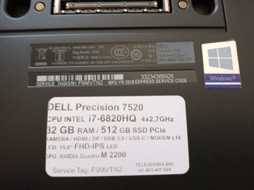 DELL Precision 7520 i7-6820HQ 32 GB 512 SSD NVIDIA QUADRO M 2200