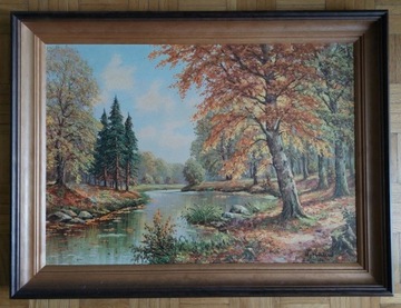 Obraz - Litografia, pejzaż jesienny na drewnie