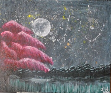 Obraz- Nokturn z księżycem i różowym drzewem