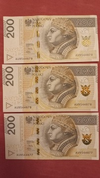 Banknoty 3 szt. 200zł seria AU stan idealny 