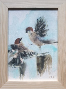 Obraz ręcznie malowany Wróble ptaki +rama 