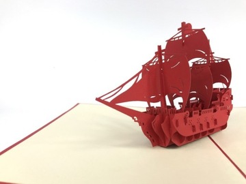 Kartki 3D pop up Piękny duży żaglowiec czerwony