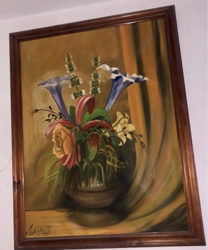 Obraz olejny wielki w ramie 1988 kwiaty 
