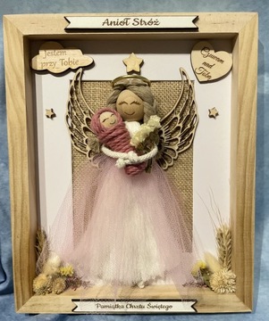 Anioł Stróż w drewnianej ramce Chrzest dziewczynka