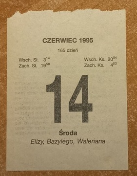 kartka z kalendarza - środa 14 czerwca 1995 roku