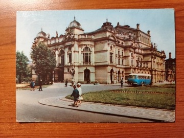 Pocztówka Stare auta autobus ogórek Kraków teatr 