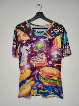 Kolorowa wielobarwna bluzka t-shirt kosmos jedzenie pizza L