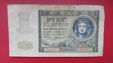 Banknot 5 zł 1941 r. Ser  AE