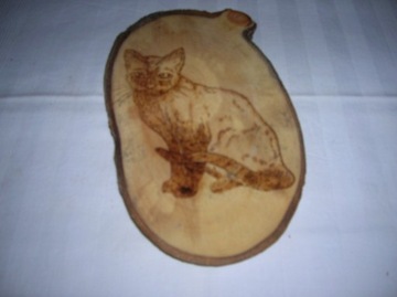 Obrazek kota wypalany w drewnie