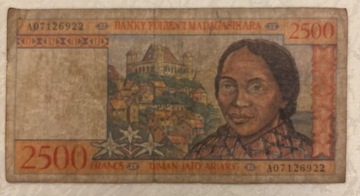 banknot, 2500 francs, Madagaskar
