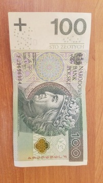 Polska Banknot 100 zł ładny nr serii FJ 9696964