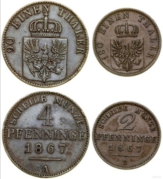 Niemcy, zestaw: 2 fenigi 1867 B i 4 fenigi 1867 A