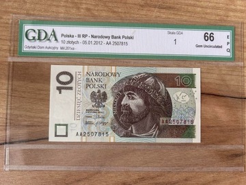 10zł -2012r. -ser. AA - GDA 66EPQ - st.1 UNC ideał