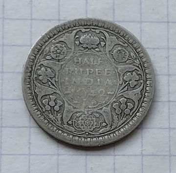 #404 Indie brytyjskie 1/2 rupii 1942 srebro 