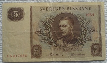 Szwecja Król Gustaw VI Adolf 5 koron 1954 Seria AA