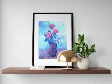 Obraz akwarelowy - plakat A4 - Niebieskie róże 