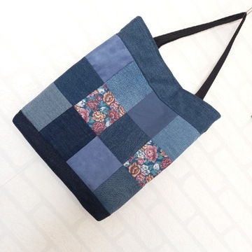 Duża torba shopperka jeansowa patchwork  Handmade 