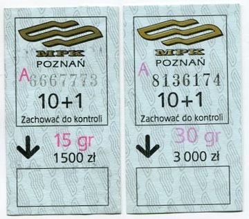 Bilet  MPK Poznań - 15gr/1500zł, 30gr/3000zł 