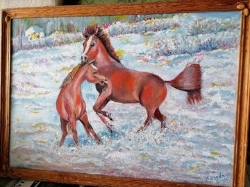 Obraz Konie Zabawa na śniegu.  Akryl na płótnie 