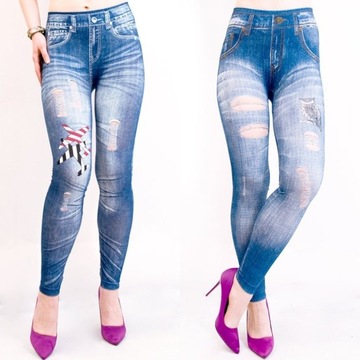 Wiosenne Legginsy Jeans, Nadruki, Dziury