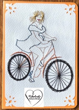 Kartka kobieta na rowerze haft