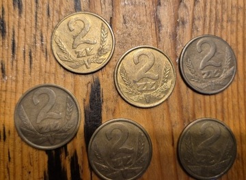 Sześć monet 2 zł  1980, 1984, 1986, 1988 i 1989