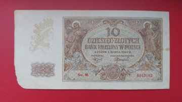 Banknot 10 zł 1940 r. Seria M