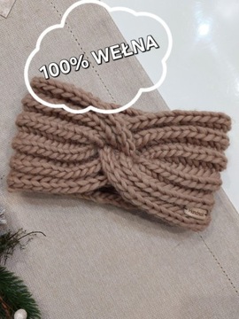 Opaska wełna handmade ręcznie robiona beż orzech