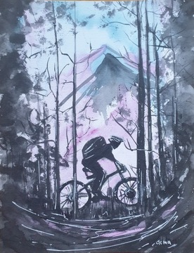 Obraz ręcznie malowany "Rower" akwarela góry