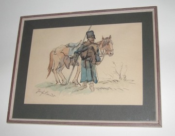 Józef Brandt stara akwarela żołnierz koń