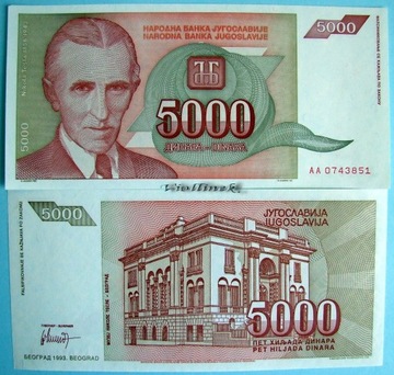 5000 DINARÓW Z JUGOSŁAWII 1993 UNC